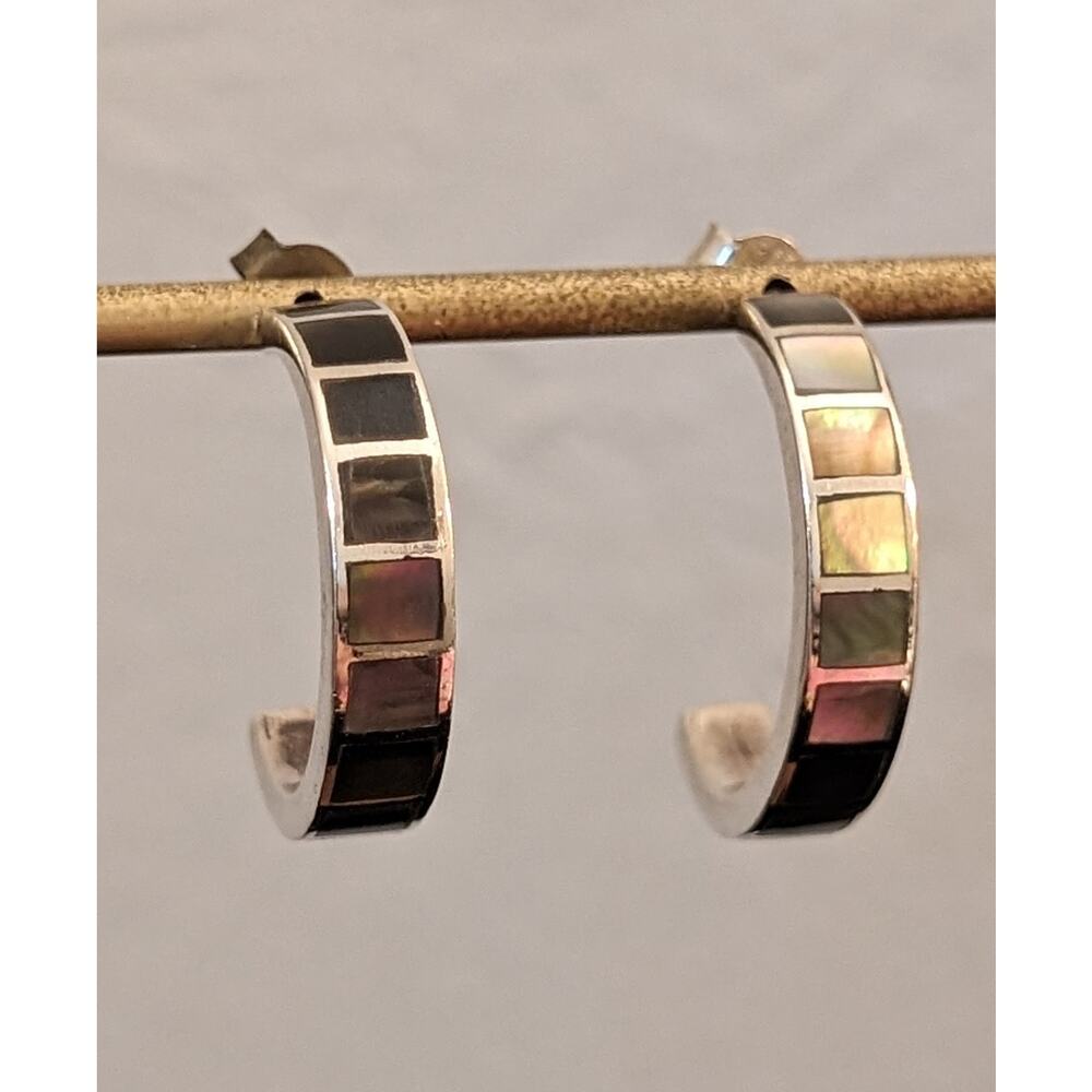 Sterling Silver Half Hoop Earrings with Abalone Inlay from Thailand